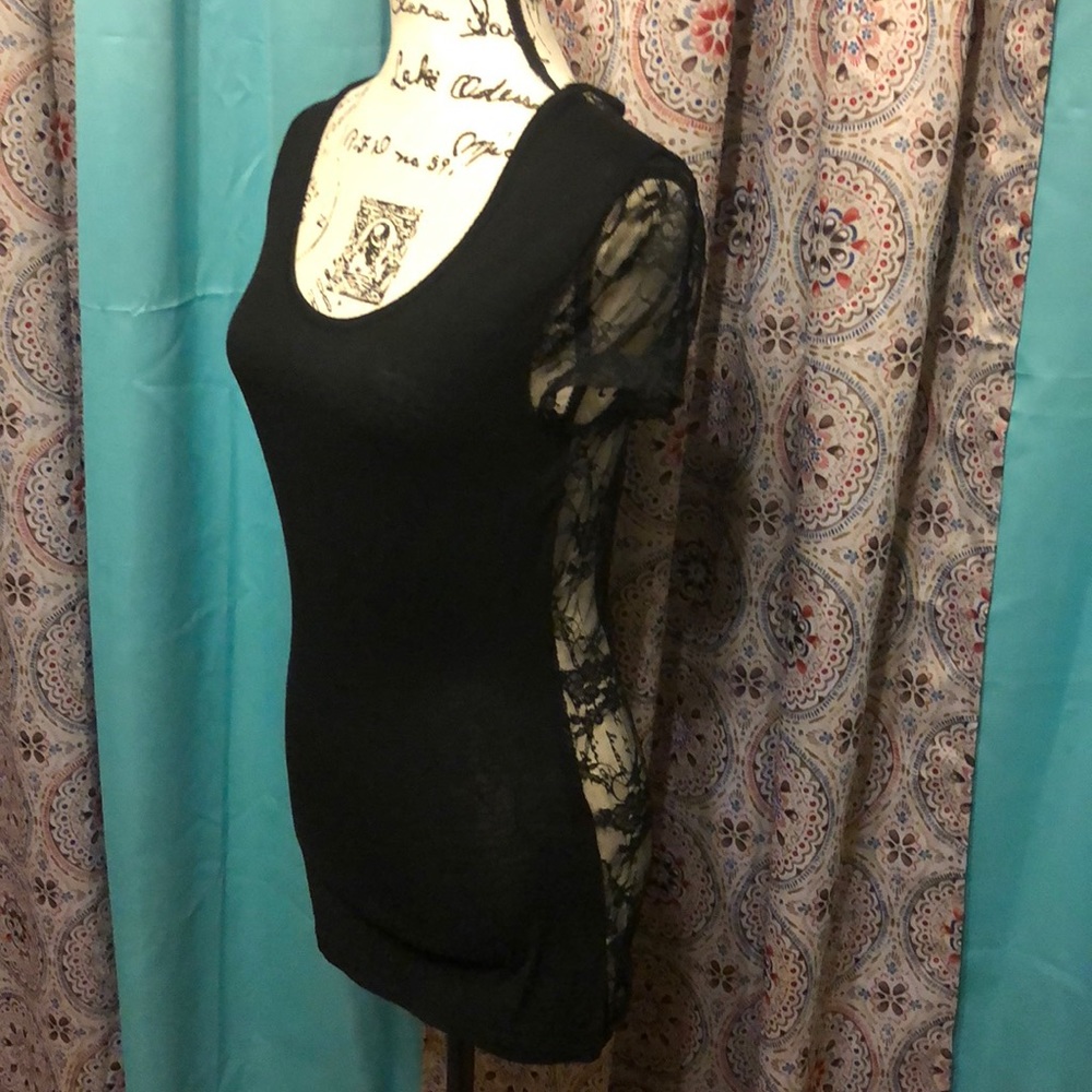 Black scoop neck lace back blouse